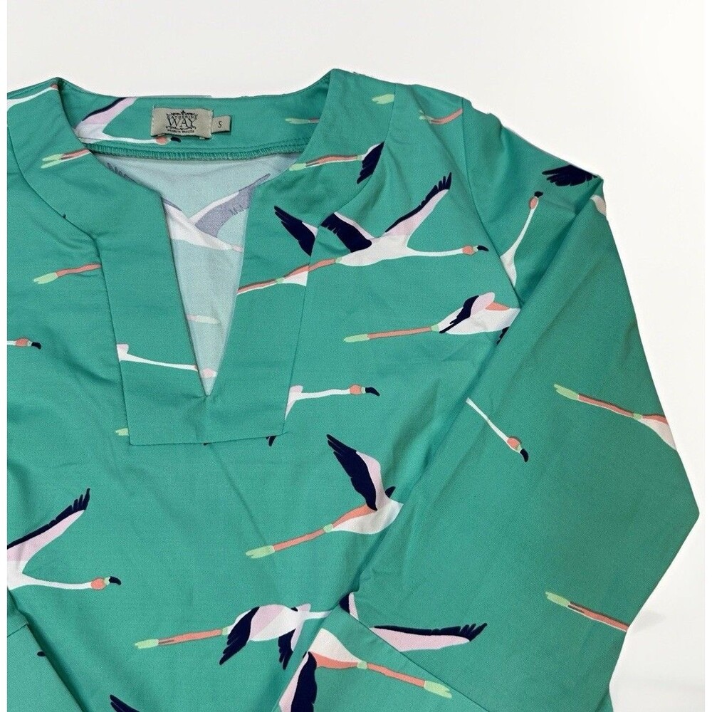 Katherine Way Flamingo Print Shift Dress Womens Small Aqua Turquoise Knee Length - Picture 3 of 6